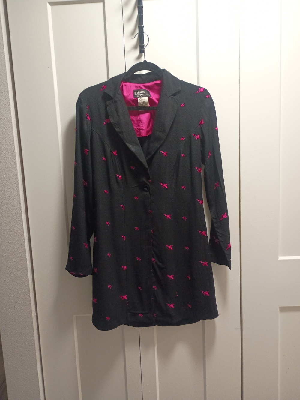 Vintage Dawn Joy Black Blazer Coat with Pink Embroidery